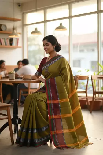 Green bengali khadi cotton saree for women