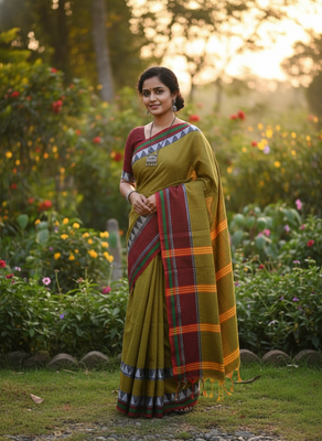 Green bengali khadi cotton saree for women 3