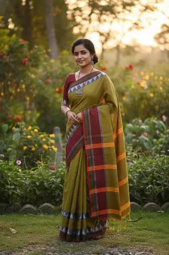 Green bengali khadi cotton saree for women