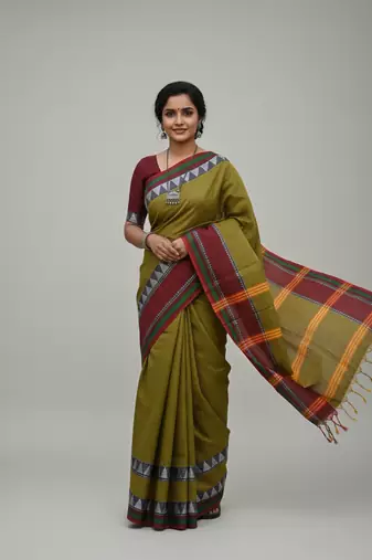 Green bengali khadi cotton saree for women