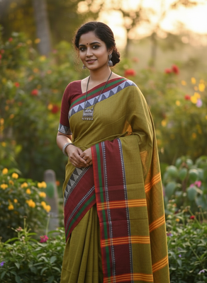 Green bengali khadi cotton saree for women 5