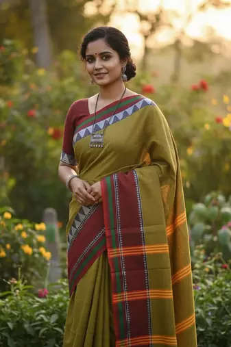 Green bengali khadi cotton saree for women