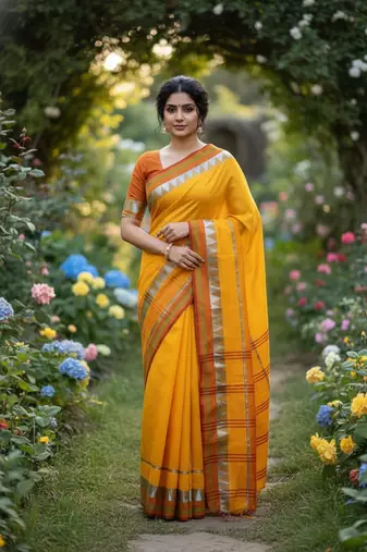 Yellow bengali khadi cotyton saree stylish for women