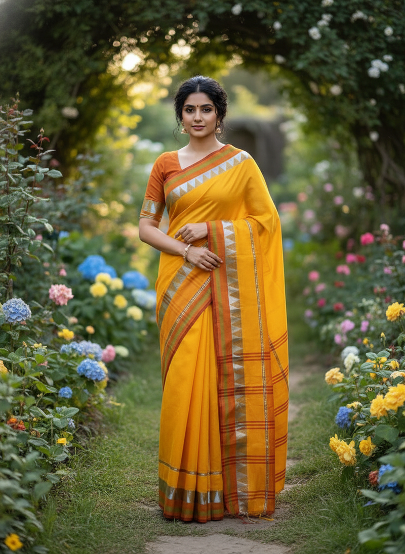 Yellow bengali khadi cotyton saree stylish for women