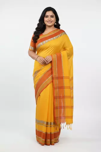 Yellow bengali khadi cotton saree for women