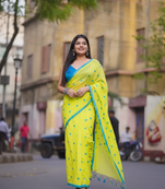 Yellow bengali khadi cotyton saree stylish for women