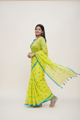 Yellow bengali khadi cotton saree for women 4