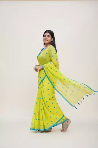 Yellow bengali khadi cotton saree for women
