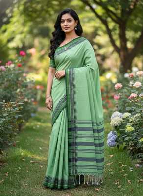 Green bengali khadi cotton saree for women 2