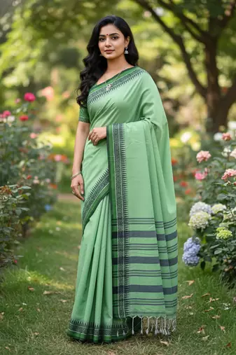 Green bengali khadi cotton saree for women