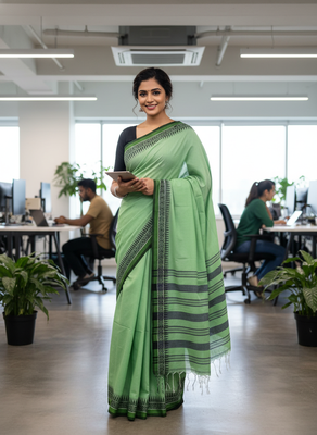 Green bengali khadi cotton saree for women 3