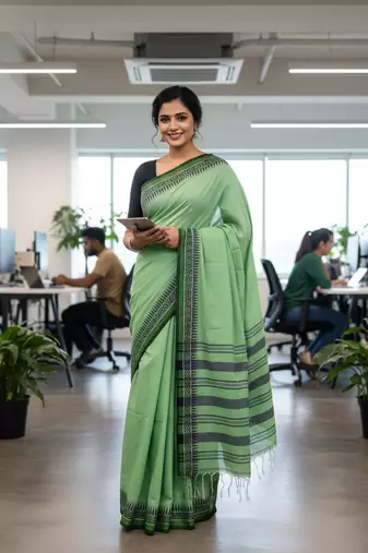 Green bengali khadi cotton saree for women