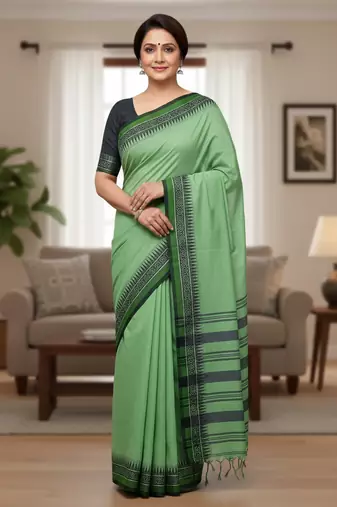 Green bengali khadi cotton saree for women