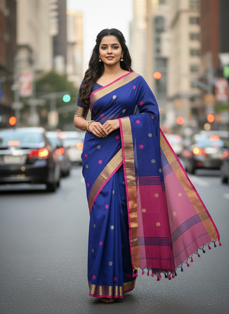 Blue bengali khadi cotyton saree stylish for women