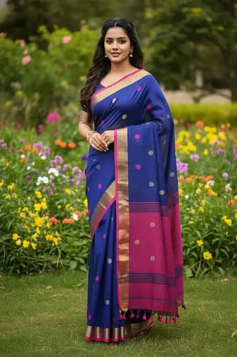 Blue bengali khadi cotton saree for women