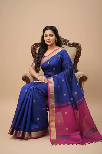 Blue bengali khadi cotton saree for women