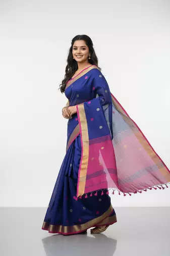 Blue bengali khadi cotton saree for women