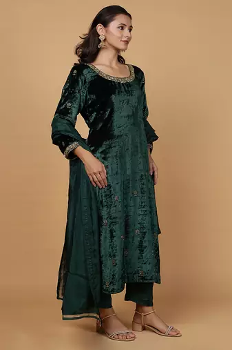 dark green velvet kurta set