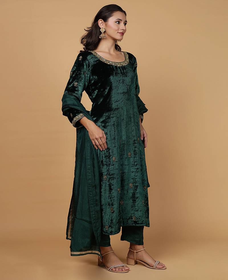 Dark green velvet kurta set