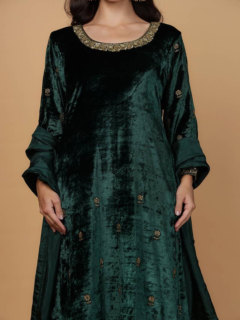 Dark green velvet kurta set