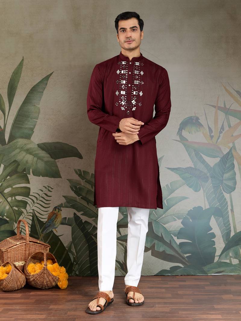 Maroon pure viscose real mirror with jari weaving work wedding festival party wear straight kurta with dupatta