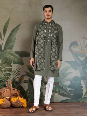 Olive green pure viscose real mirror with jari weaving work wedding festival party wear straight kurta with dupatta 9