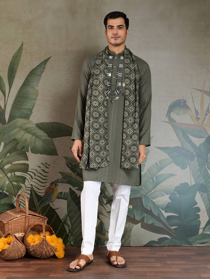 Olive green pure viscose real mirror with jari weaving work wedding festival party wear straight kurta with dupatta