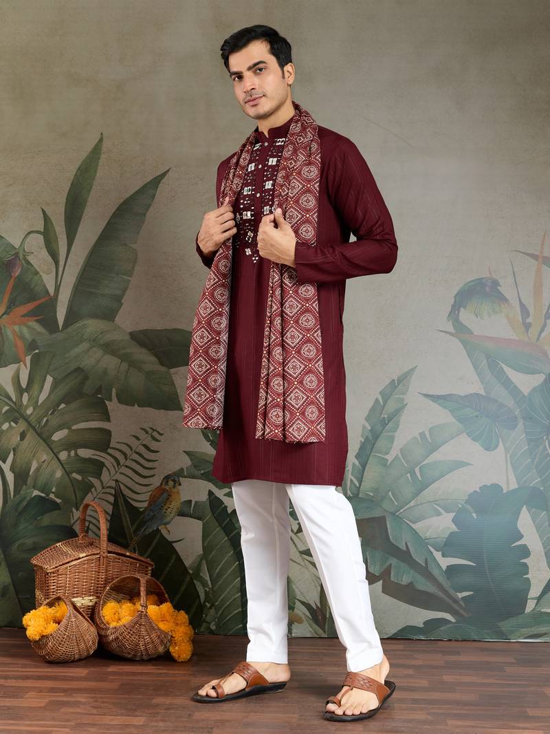 Maroon pure viscose real mirror with jari weaving work wedding festival party wear straight kurta with dupatta