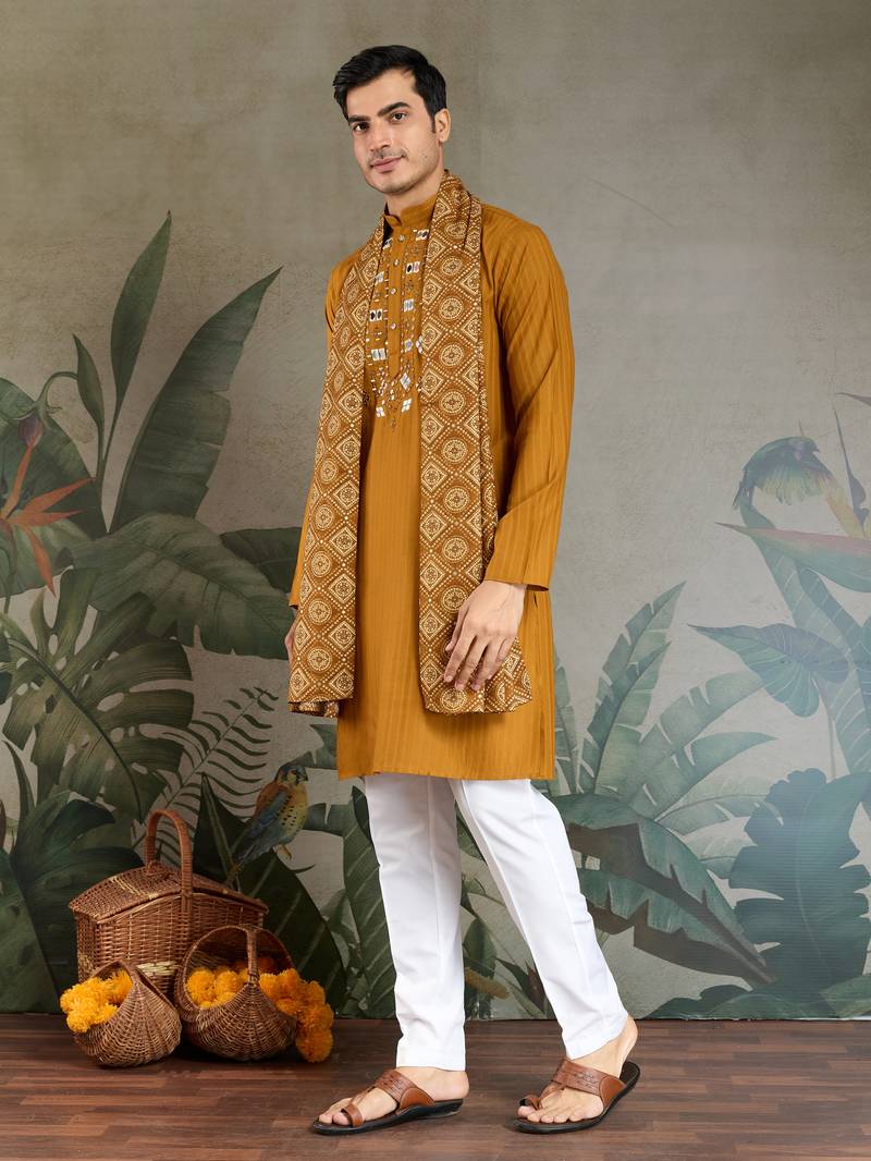 Mustard pure viscose real mirror with jari weaving work wedding festival party wear straight kurta with dupatta