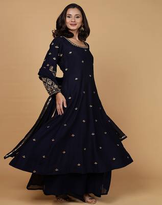 dark blue katan silk anarkali set 1