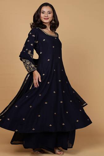 Dark blue katan silk anarkali set