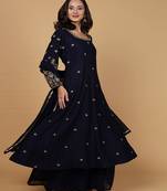 Dark blue katan silk anarkali set