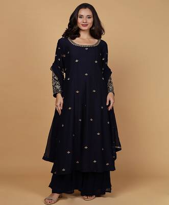 dark blue katan silk anarkali set 2
