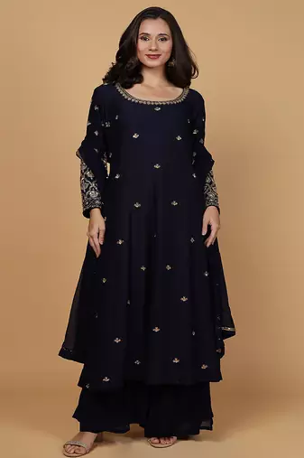 dark blue katan silk anarkali set