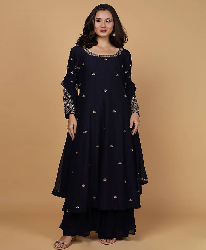 Dark blue katan silk anarkali set