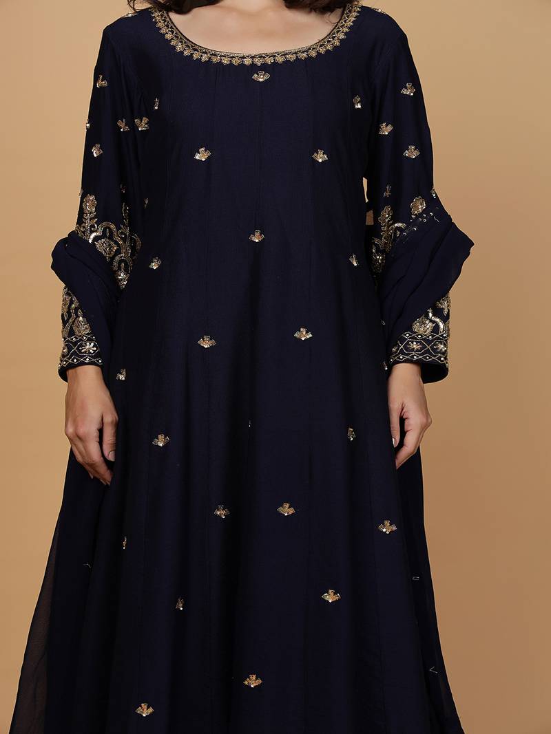 Dark blue katan silk anarkali set