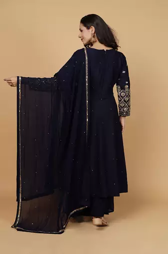 dark blue katan silk anarkali set