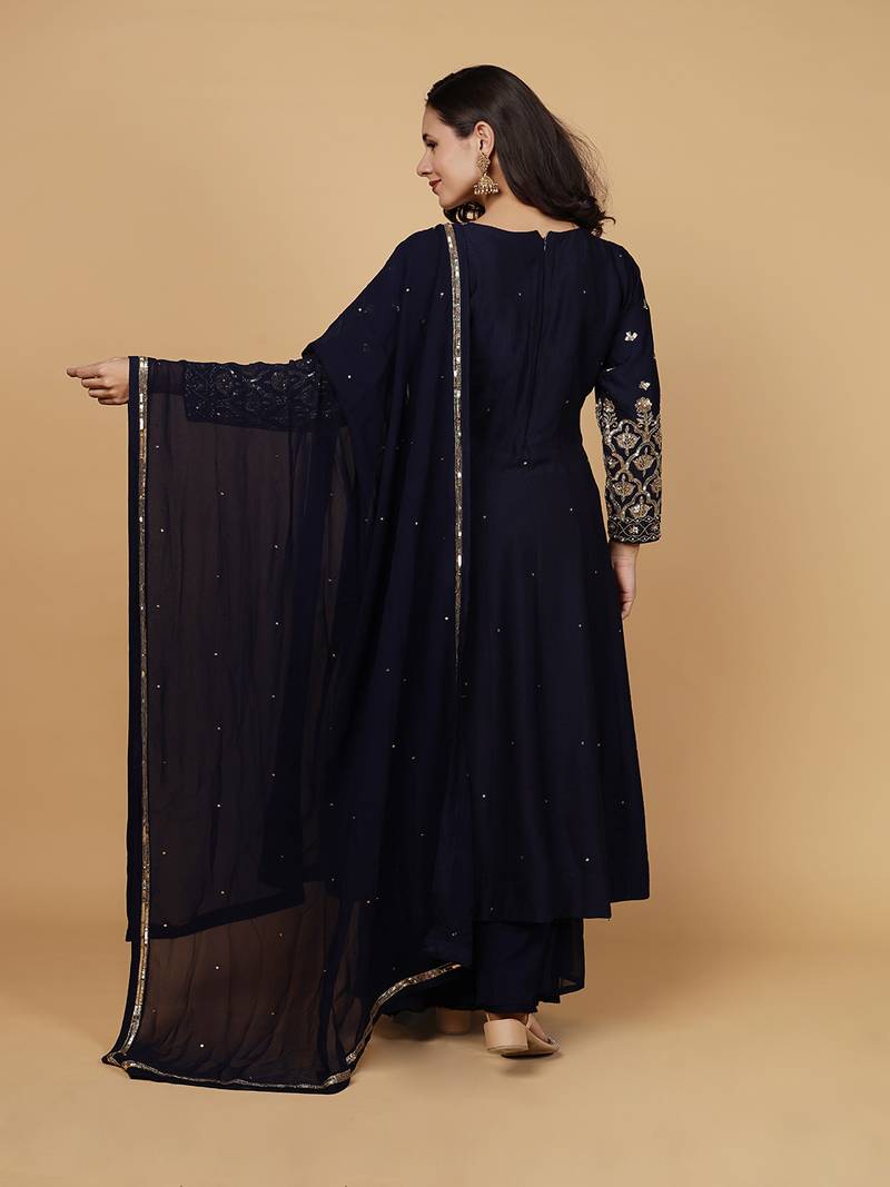 Dark blue katan silk anarkali set