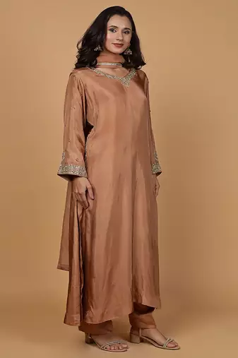 rust opara silk sequins cutdana work kurta set