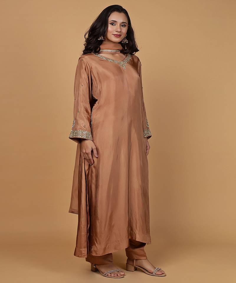 Rust opara silk sequins cutdana work kurta set