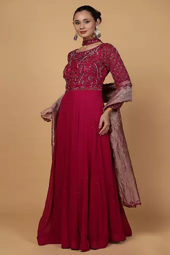 Wine nalki and cutdana work georgette anarkali suit