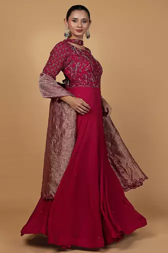 wine nalki and cutdana work georgette anarkali suit