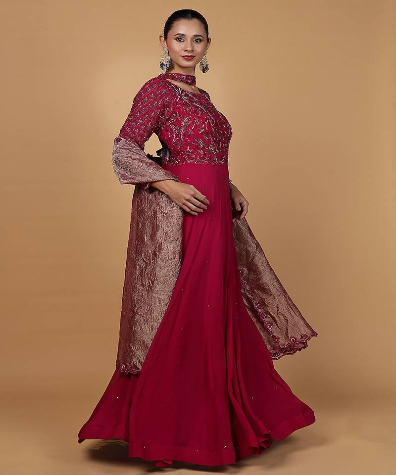 Wine nalki and cutdana work georgette anarkali suit