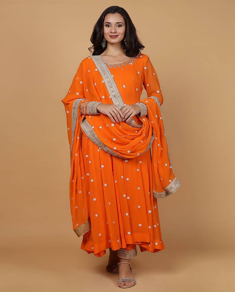 Orange cutdana sequnis and beadwork georgette anarkali suit