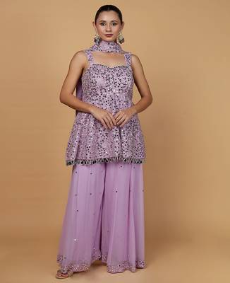 lavender mirror work georgette peplum sharara set 1