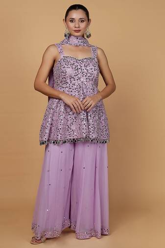 Lavender mirror work georgette peplum sharara set
