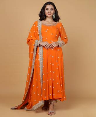 orange cutdana sequnis and beadwork georgette anarkali suit 2