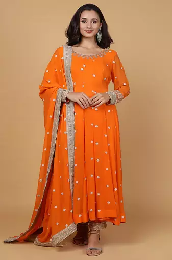 orange cutdana sequnis and beadwork georgette anarkali suit