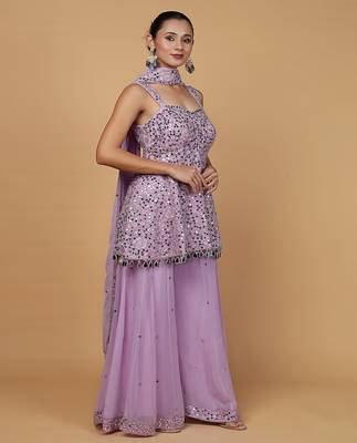lavender mirror work georgette peplum sharara set 2