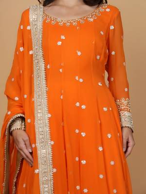 orange cutdana sequnis and beadwork georgette anarkali suit 3